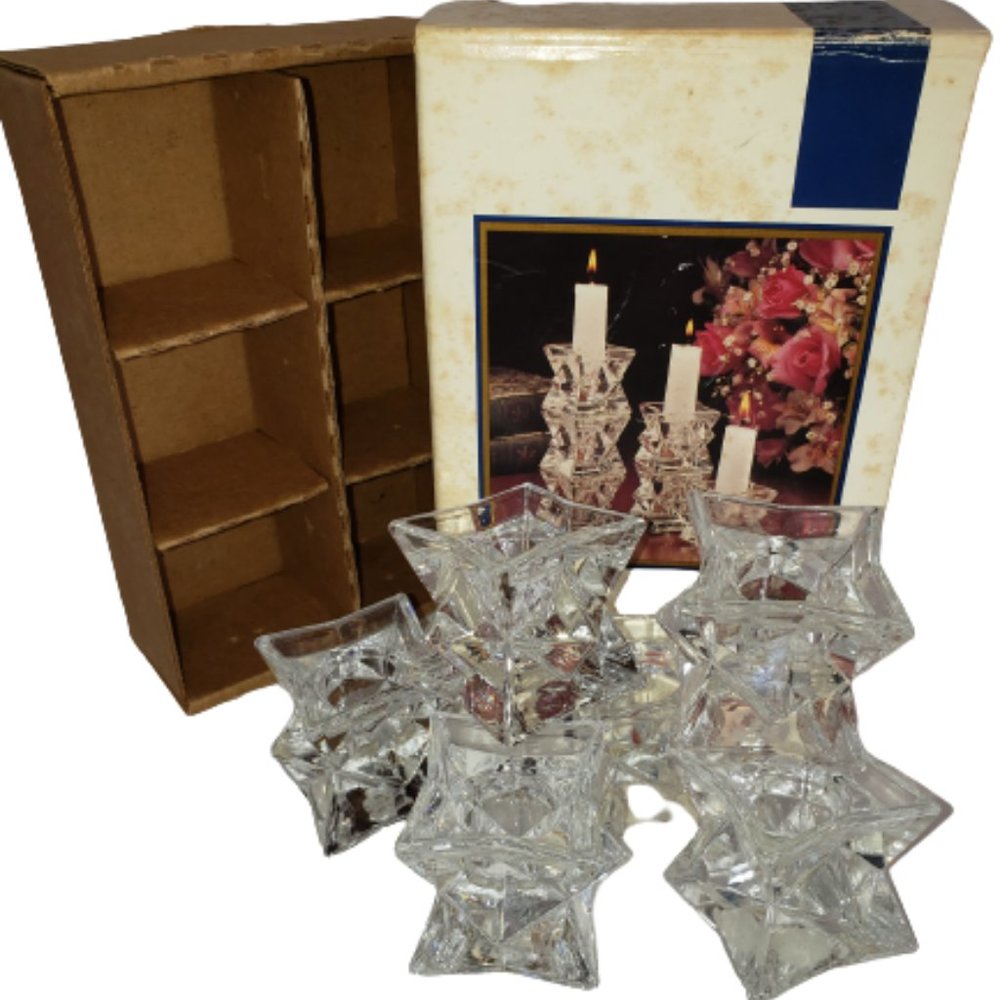 Vintage Illusions 24% Lead Crystal 6 Star Candle Holders May Stores Made In USA